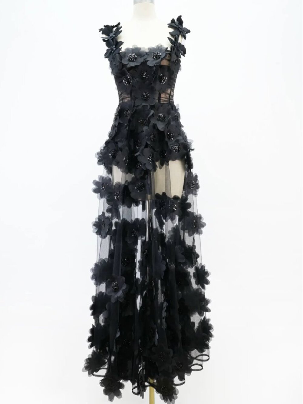 Bronx and Banco Rosalie Maxi Dress Gown Black Noir Floral-Appliqué Tulle - Picture 5 of 10
